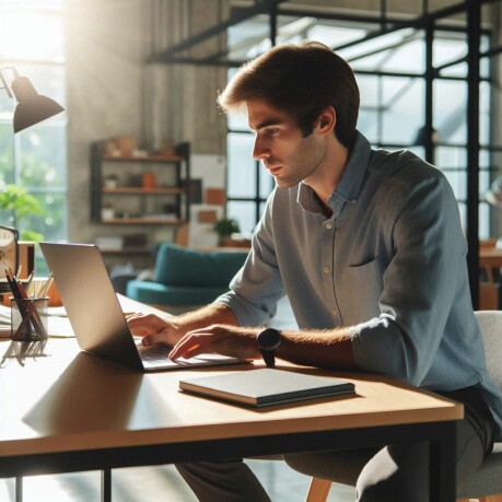 A man at a table, engaged with his laptop, representing a moment of concentration and strategic planning for success.