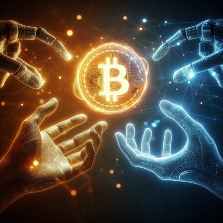 Two hands grasp a bitcoin, illuminated by a radiant light, symbolizing the potential of profit and financial success.